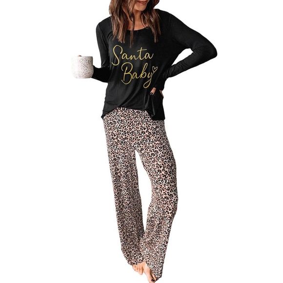 Azura Exchange  Santa Baby Leopard Print Long Sleeve Wide Leg Lounge Set - Picture 4 of 6